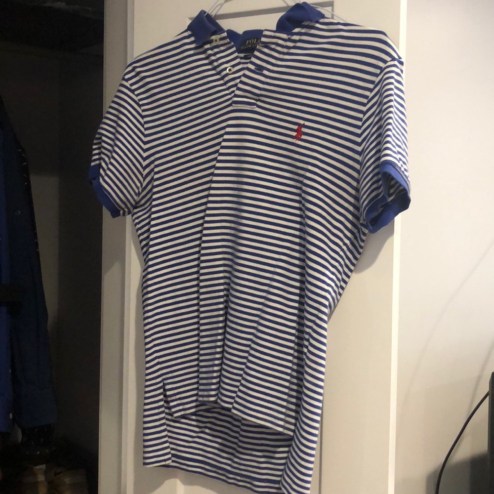 Blue and white striped polo with red horse
